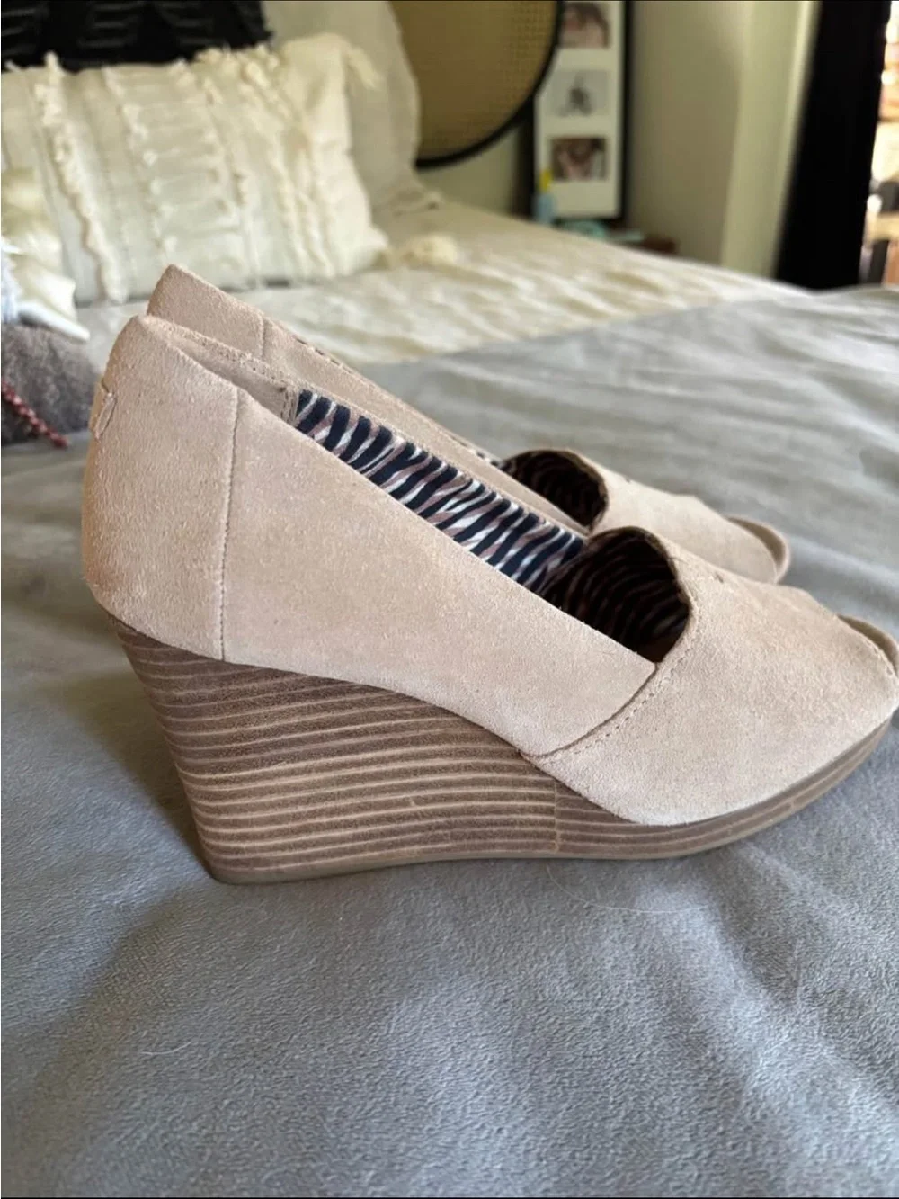 TOMS Suede Peep Toe Wedges in Taupe